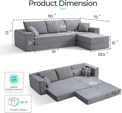 LINSY HOME Convertible Sofa Bed with 2 Pillows & Ottoman, Boneless Couch Folding Modular Sectional Sleeper Sofa, L Shaped Sofas Corduroy Couch Bed Compression Sofa for Living Room Apartment, Grey