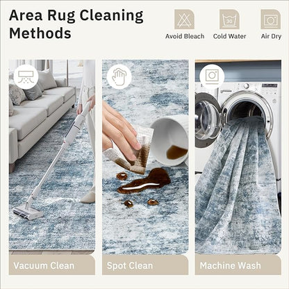 3x5 Rug, Small Area for Kitchen, Entryway, Machine Washable Non-Slip Throw Rug, Vintage Carpet for Nursery Coffee Table Blue