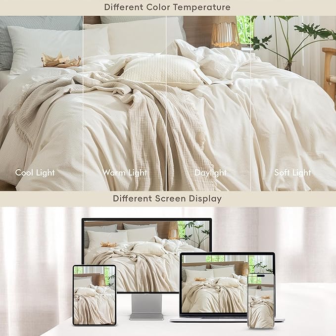 MooMee Striped Duvet Cover Set 100% Washed Cotton Linen Like Textured Breathable Durable Soft Comfy (Almond Milk Grey Pinstripes, Super King 108"x98")