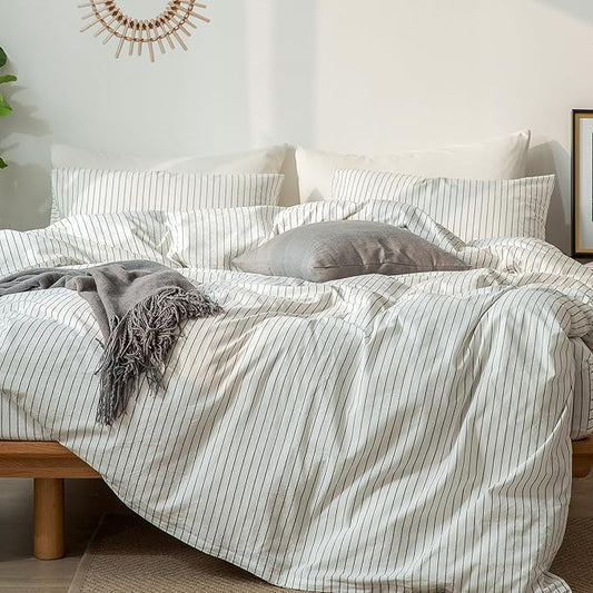MooMee Striped Duvet Cover Set 100% Washed Cotton Linen Like Textured Breathable Durable Soft Comfy (White Dark Grey Wide Stripes, Alaska King 132"x120")