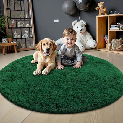 OLANLY Dark Green Round Rugs for Bedroom - Machine Washable, 9 ft Circle Area Rugs for Living Room, Soft and Fluffy Shaggy Carpet for Teen Girls and Boys, Nursery Rooms, Dorms, Home Decor Aesthetic