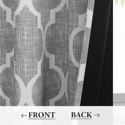 Beauoop 100% Blackout Curtains 90 Inches Long 2 Panels for Bedroom Living Room Grey Moroccan Geo Room Darkening Thermal Insulated Soundproof Grommet Top Window Treatments Drapes, 50x90 Set of 2