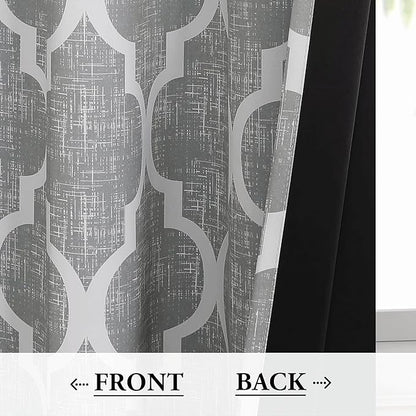 Beauoop 100% Blackout Curtains 45 Inches Long 2 Panels for Bedroom Living Room Grey Moroccan Geo Room Darkening Thermal Insulated Soundproof Grommet Top Window Treatments Drapes, 50x45 Set of 2