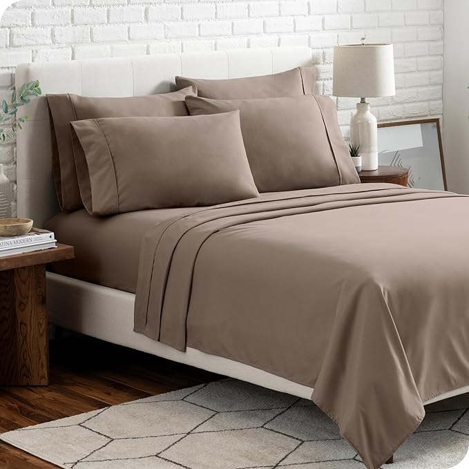 Bare Home Hotel Luxury Full XL Sheet Set, Extra Soft - 6 Piece Set - Deep Pockets - Easy Fit - Cooling & Breathable - Wrinkle, Fade, Stain Resistant - Includes 4 Pillowcases (Full XL, Taupe)