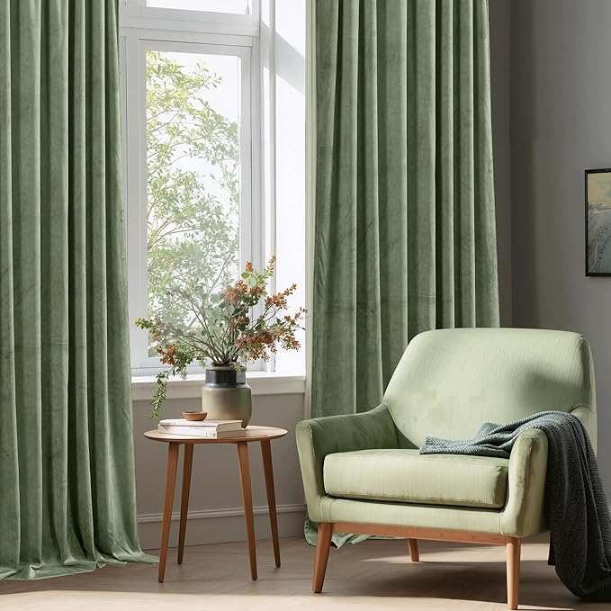 StangH Sage Green Velvet Curtains for Nursery Bedroom Rod Pocket Room Darkening Privacy Curtain Panels Heritage Plush Heat Insulation Drapes for Living Room, W62 x L84, 2 Panels