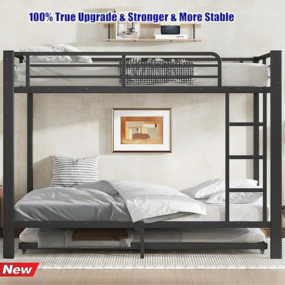 Higher Quality & Stronger Metal Bunk Bed Full Over Full Size Bunkbed Frame, Thickened Heavy Duty More Stable Steel Bunk Bed with Twin Size Trundle (Full)