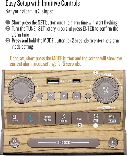Soundfreaq Sound Rise II, SFQ-16: Bedside Alarm Clock Radio & Bluetooth Speaker, with Large Display Screen, FM Radio, Fast USB Charging, and Nature Sound (Wood Taupe)