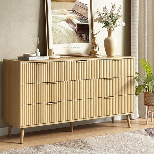 CARPETNAL Fluted 7 Drawer Dresser for Bedroom, 55" Wide Wooden Chest of Drawers with Rounded Corners, Gold Handles, Modern Storage Organizer for Bedroom, Hallway(Oak)