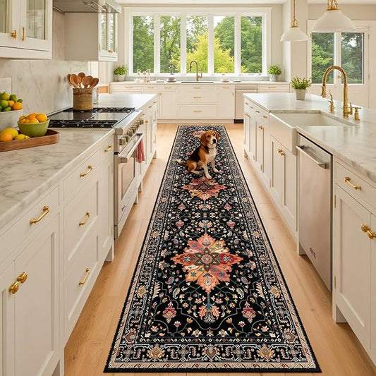 Area Rugs 3'x10' Washable Non-Slip, Floral Vintage Distress Print Pattern Medallion Carpet for Living Room Bedroom Dining Room, Black Colorful Floral Dark Tan