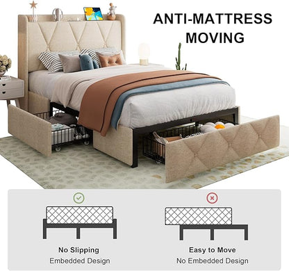 Feonase Twin Bed Frame with 3 Storage Drawers, Upholstered Platform Bed with Fast Charging Station, Wingback Storage Headboard, Wooden Slats Support, No Box Spring Needed, Easy-Assembly, Beige