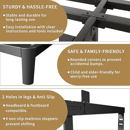 ITIMIDI 10 Inch Bed Frame Queen Size with Metal Gaskets, Heavy Duty Queen Platform Bed Frame No Box Spring Needed, DIY Headboard, Anti-Slip Mattress Stopper, Round Corner Leg, Easy Assembly, Black
