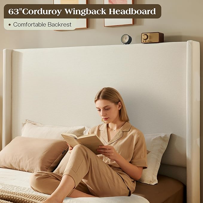 Queen Bed Frame with 63" Tall Headboard, Horizontal Fine Corduroy Bed Frame with Wingback, Upholstered Platform Bed, Vintage Solid Wood Gourd Legs, No Box Spring Needed, Cream