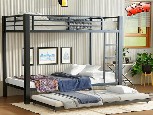 LUXIEE Upgraded & Stronger Heavy Duty Steel Twin XL Over Twin XL Bunk Bed Frame, More Stable Safer Thickened Metal Bunkbeds with Twin Size Trundle