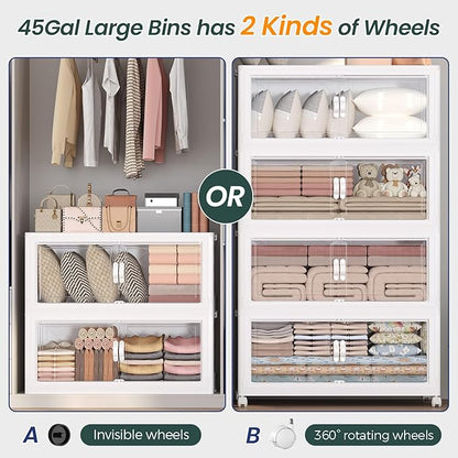225Gal Stackable Storage Bins with Lid, 900Qt Extra Large Collapsible Storage Box with Doors and Wheels, Plastic Closet Organizer and Storage Cabinet Drawer for Home Kitchen, 5Pack White