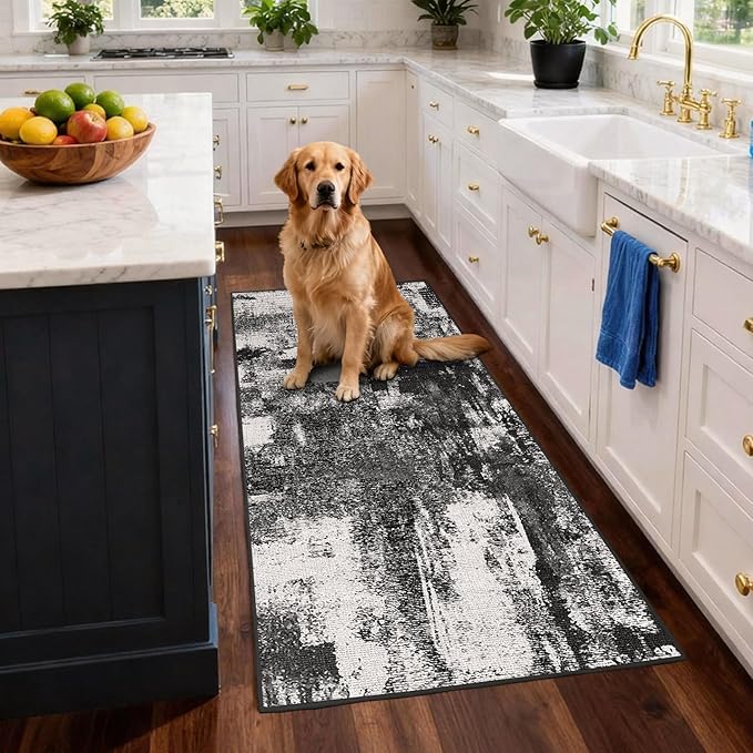 Machine Washable Runner Rug 2x6: Non Slip Hallway Rug Low Pile Kitchen Runner Soft Abstract Rug with Rubber Backing for Entryway Bedroom Bathroom Farmhouse Laundry Living Room Black White 2x6