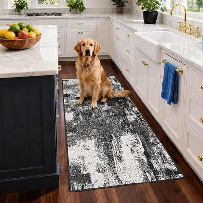3x6 Kitchen Hallway Runner Rug: Long Washable Rug Runner Non-Slip Indoor Abstract Rugs - Low Pile Soft Floor Runners for Bedroom Living Room Dining Entryway Bathroom Laundry Black White 3x6