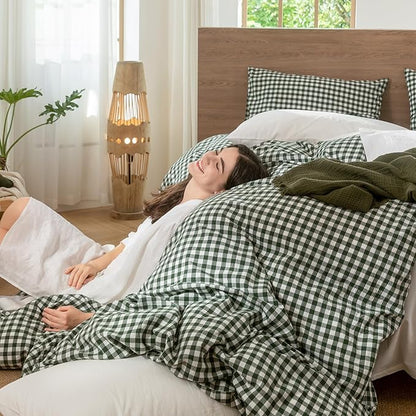 MooMee Gingham Duvet Cover Set 100% Washed Cotton Linen Like Textured Breathable Durable Soft Comfy Modern Checkered Design (Forest Green Gingham, Oversized Queen 98"x98")