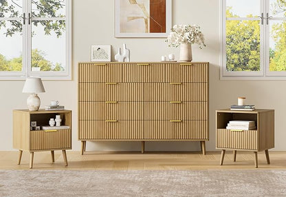 LYNSOM Fluted Dresser and Nightstand Sets 3 Piece, 9-Drawers Dresser and 1-Drawer Nightstands Set of 2, Wood Bedroom Furniture Set for Home, Bedroom, Hallway, Oak
