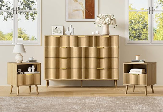 LYNSOM Fluted Dresser and Nightstand Sets 3 Piece, 9-Drawers Dresser and 1-Drawer Nightstands Set of 2, Wood Bedroom Furniture Set for Home, Bedroom, Hallway, Oak
