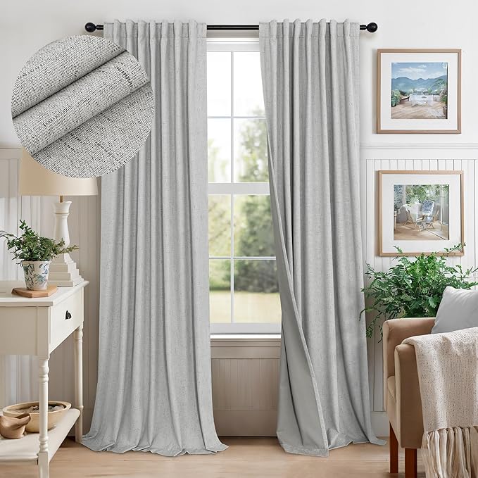 Pitalk Light Grey Blackout Curtain Panels 90 Inches Long for Bedroom 2 Panel Sets Rod Pocket Back Tab Room Darkening Linen Textured Dark Out Drapes for Living Room Thermal 52x90 in Length Dove Gray