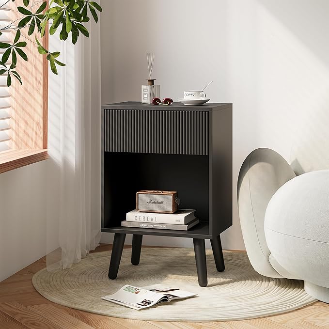 Nightstand, Modern Bedside Table with Storage Drawers and Open Wood Shelf, Night Stand with Solid Wood Legs, End Tables Side Tables for Living Room, Bedroom Black