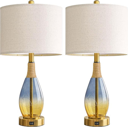 OYEARS 23" Table Lamps for Living Room Set of 2,Bedside Lamps for Night Stands, Rattan Lamps for Bedroom,Farmhouse Lamps with Glass Nightlight,Two Light Points