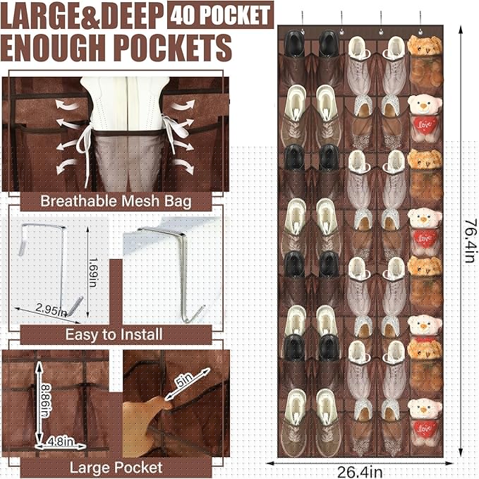 Windyun 40 Over the Door Shoe Organizer Large Breathable Mesh Pockets Hanging Shoe Rack for Closet Brown Behind Door Hanger Storage Holder Nonslip Hooks for Women Men Entryway Bedroom Utility Room