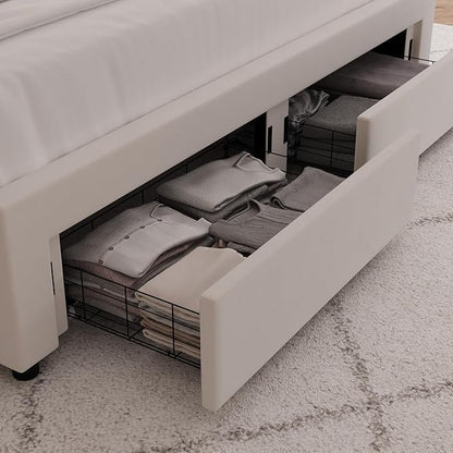 HITHOS King Upholstered LED Bed Frame with 2 Storage Drawers, Velvet Platform Bed with Wingback Headboard, Solid Wooden Slats Support, No Box Spring Needed, Headboard Splicing Design, Beige