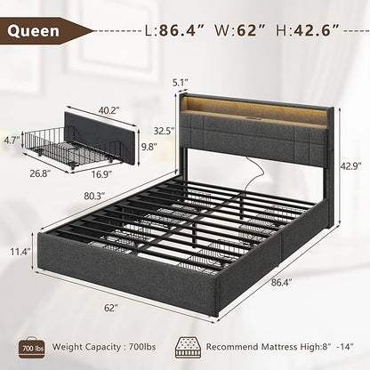 Forestell Queen Bed Frame with Headboard, Grey Upholstered Platform Bed with 4 Storage Drawers, Built-in LED Lights & Charging Station, Metal Slats Support, No Box Spring Needed, Cama Queen Size