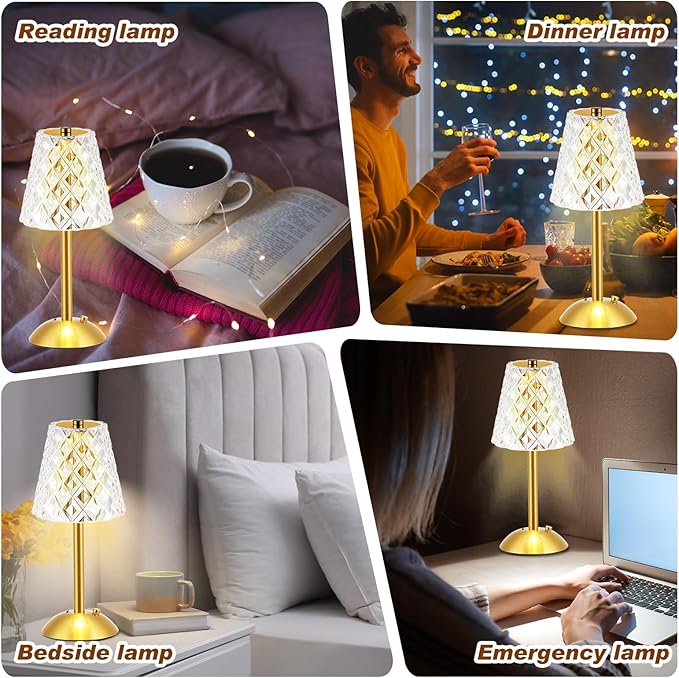 Liliful 2 Pcs Cordless Table Lamp Rechargeable Touch LED Small Gold Portable Battery Operated USB-c Desk Lamp 3 Color Dimmable for Bedroom Living Room Dining (Gold,Diamond Style)