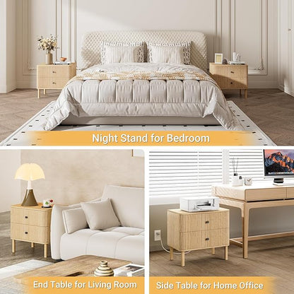 Night Stand with Charging Station, 24" Large Fluted Nightstand with Rounded Corners & Solid Wood Legs, 2 Drawers End Table, Mid Century Modern Bedside Table for Bedroom, Natural Oak