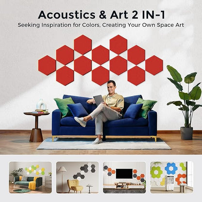 Self-Adhesive Acoustic Panels [390 lbs/yd³ Ultra-High Density], 2nd Generation Sound Absorbing Panel, Professional Level Sound Panel, Polyester Soundproof Foam [Size L, Red]