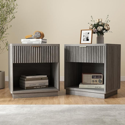 Miereirl Fluted Nightstand Charging Station, Wooden Vintage Night Stands Curved Corners Storage Cabinet for End Table with Drawers, Light Grey Oak