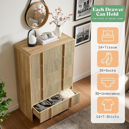 AMERLIFE Fluted 5 Drawer Dresser, 48" Tall Modern Chest of Storage Drawers with Pine Handles, Rounded Corners & Anti-Tip Design, Wood Closet Organizer for Bedroom, Living Room, Nursery, Natural Oak