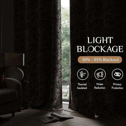 Beauoop Brown Floral Jacquard Blackout Curtains 63 Inches Long 2 Panels for Bedroom Living Room Chenille Flower Room Darkening Thermal Insulated Soundproof Grommet Window Treatments Drapes, 52x63