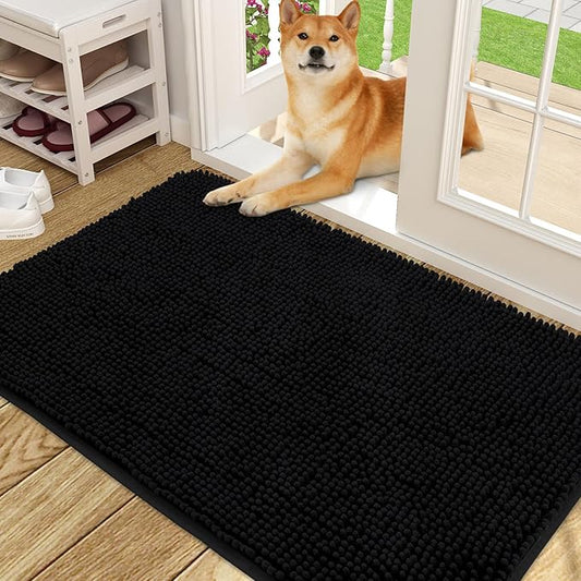 OLANLY Dog Door Mat for Muddy Paws 48x30, Absorbs Moisture and Dirt, Absorbent Non-Slip Washable Doormat, Quick Dry Chenille Mud Mat for Dogs, Entry Indoor Entryway Carpet for Inside Floor, Black