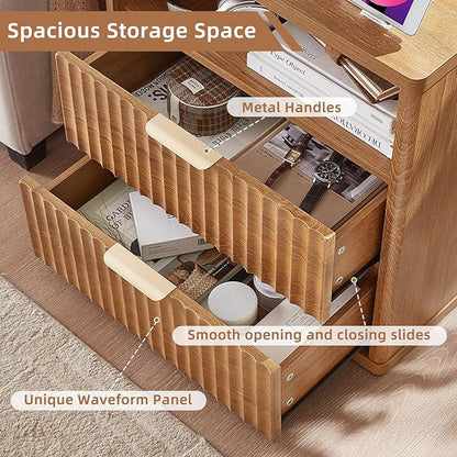 LEYAOYAO Fluted Farmhouse Nightstand Set of 2 with Charging Station, 23" Wide 2 Drawers End Table,Brown Dresser for Bedroom,Bed Side Table Chest of Drawers Cabinet,Wood Night Stand for Living Room