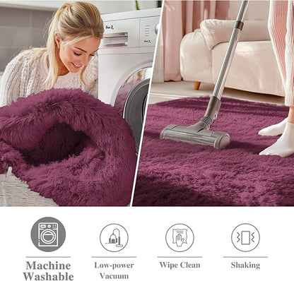 OLANLY Burgundy Round Rugs for Bedroom - Machine Washable, 9 ft Circle Area Rugs for Living Room, Soft and Fluffy Shaggy Carpet for Teen Girls and Boys, Nursery Rooms, Dorms, Home Decor Aesthetic