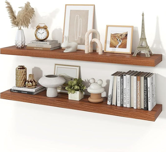 Floating Shelves for Wall, 9.3" Deep Wall Mounted Rustic Wood Shelves for Bathroom, Bedroom, Living Room, Kitchen, Hanging Shelf for Books/Storage/Room Decor (Walnut, 48")