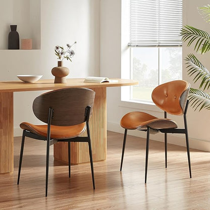Art Leon Mid Century Modern Dining Chairs, Set of 2, Faux Leather Kitchen Dining Room Chairs, Armless Accent Chairs with Metal Legs, Gray Oak/Brown