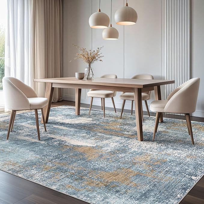 Area Rug Living Room Rugs - 6x9 Washable Soft Indoor Neutral Modern Abstract Low Pile Rug Carpet for Bedroom Dining Room Farmhouse Home Office - Blue Brown