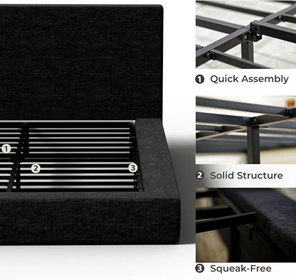 RECCI Cloud Upholstered King Bed Frame with Headboard, 5 Inch Foam Padded Platform, No Box Spring, Easy Assembly (Onyx Black)