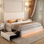 King Led Bed Frame with 2 Drawers, Modern Heavy Duty Upholstered Platform King Size Bed Frames with Crystal Button Tufted Headboard, Solid Slats, Noise Free, No Box Spring Needed, PU White