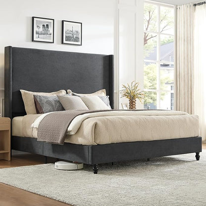 Queen Bed Frame with 63" Tall Headboard, Horizontal Fine Corduroy Bed Frame with Wingback, Upholstered Platform Bed, Vintage Solid Wood Gourd Legs, No Box Spring Needed, Black