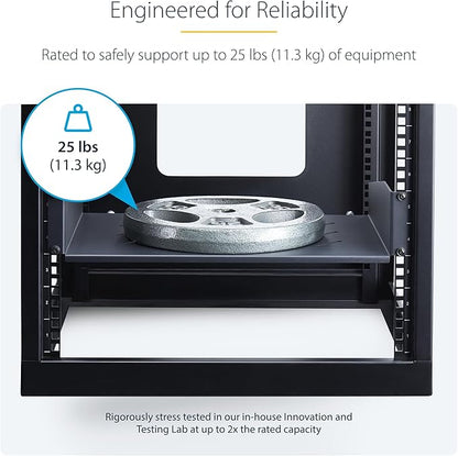 StarTech.com 2U Rack Shelf, 12" Mounting Depth, Vented Cantilever Tray for 19" AV/Network Equipment, 25lb Capacity, for Small Office/Home Office