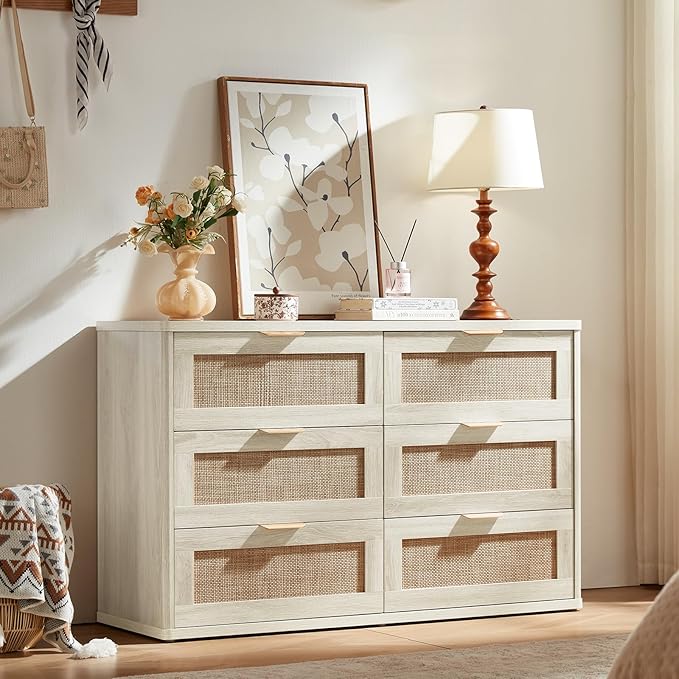 LEYAOYAO Rattan Dresser and Nightstand Sets 3 Piece, Boho Wood Dresser for Bedroom with 6 Drawers and Night Stand with Charging Station, Bedroom Furniture, Dressers & Chests of Drawers, Living Room