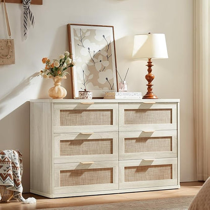 LEYAOYAO Rattan Dresser and Nightstand Set of 2, Boho Wood Dresser for Bedroom with 6 Drawers and Night Stand with Charging Station, Bedroom Furniture, Dressers & Chests of Drawers,Living Room,Hallway