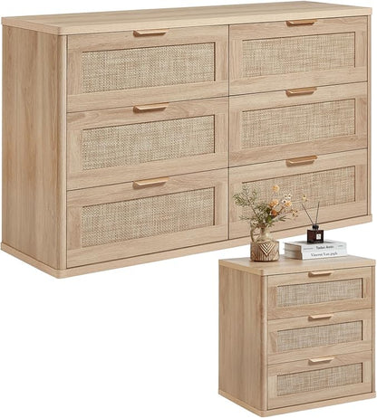 LEYAOYAO Rattan Dresser and Nightstand Set of 2, Boho Wood Dresser for Bedroom with 6 Drawers and Night Stand with 3 Drawer, Bedroom Furniture, Dressers & Chests of Drawers, Living Room, Hallway