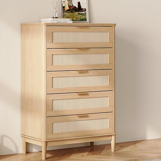 LINSY HOME Rattan Dresser for Bedroom with 5 Drawers, 46" Tall Chest of Drawers, Mid Century Modern Dresser TV Stand with Metal Handle, Wood Closet Storage Cabinet for Living Room, Hallway, Oak