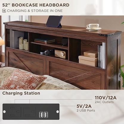 ACCOHOHO Full Bed Frame with 52" Tall Headboard and 4 Drawers,LED Light,Charging Station,Solid Wood Slats Support,No Box Spring Needed,Brown